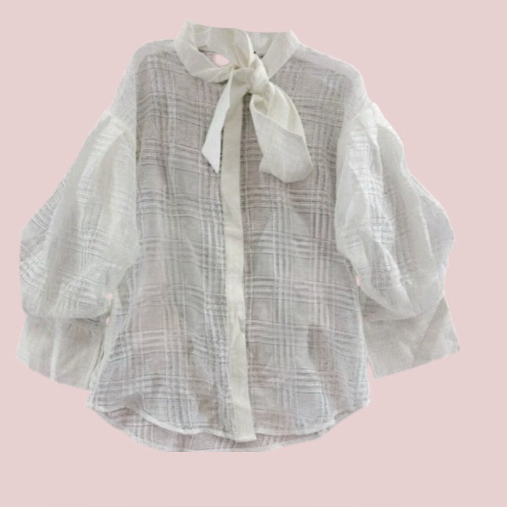 Gracia White Sheer Tie-Neck Balloon Sleeve Blouse in White Size Medium NWT